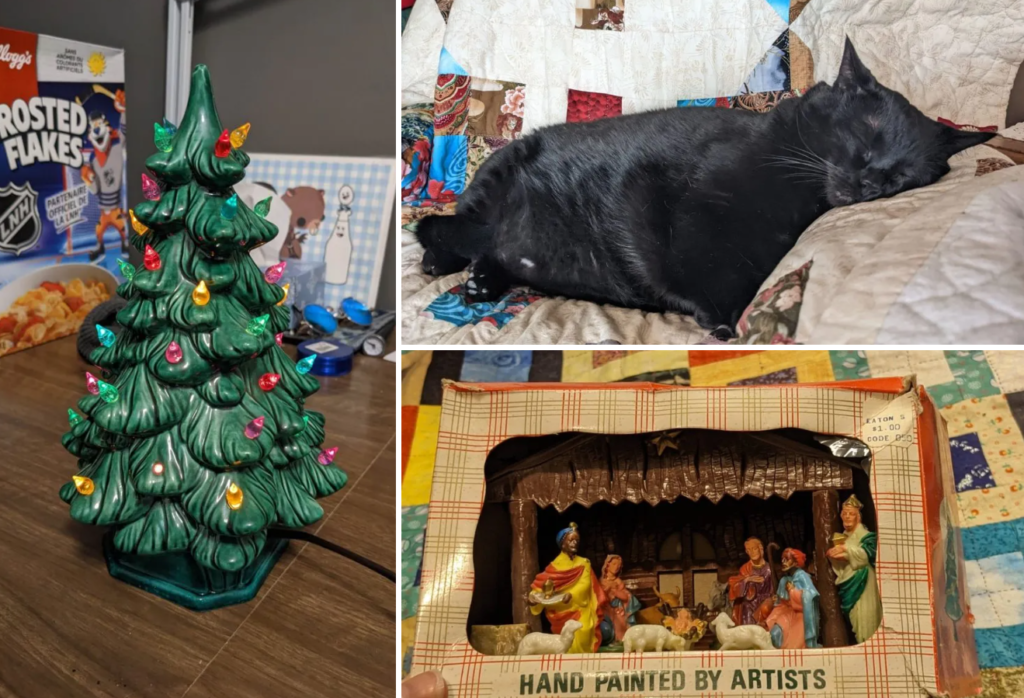 vintage Christmas decor and a potato shaped cat